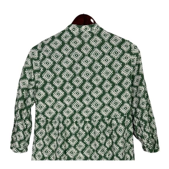 Zara Oversized Cadie Geometric Print Tiered Pleated Mini Dress Tie XS Green - Picture 7 of 15